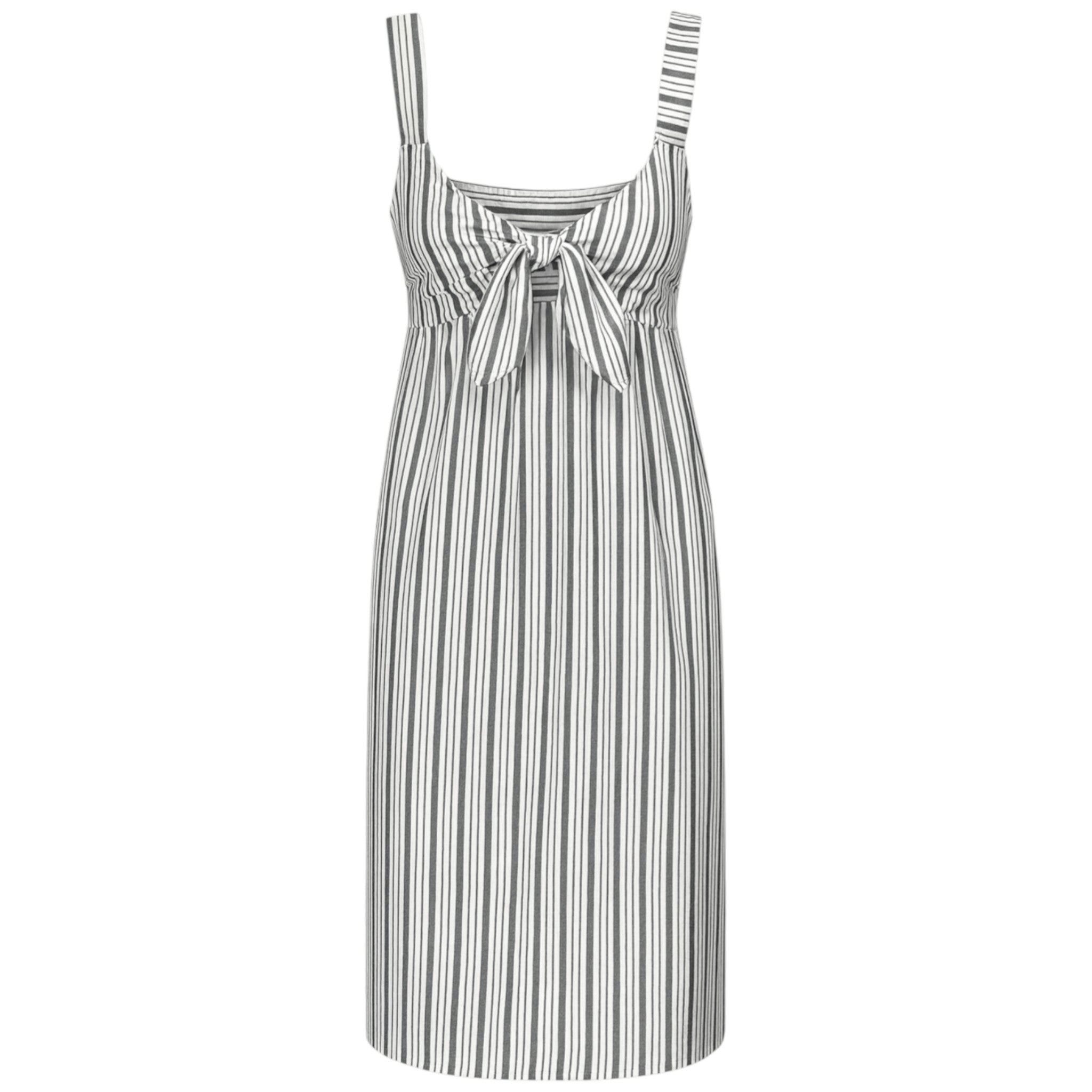 Women's striped sundress with front tie bow and adjustable straps – lightweight summer dress in grey and white